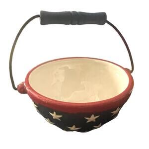 Patriotic Ceramic Red White Blue Star Bowl Handle Marked 117 T By THT Designs